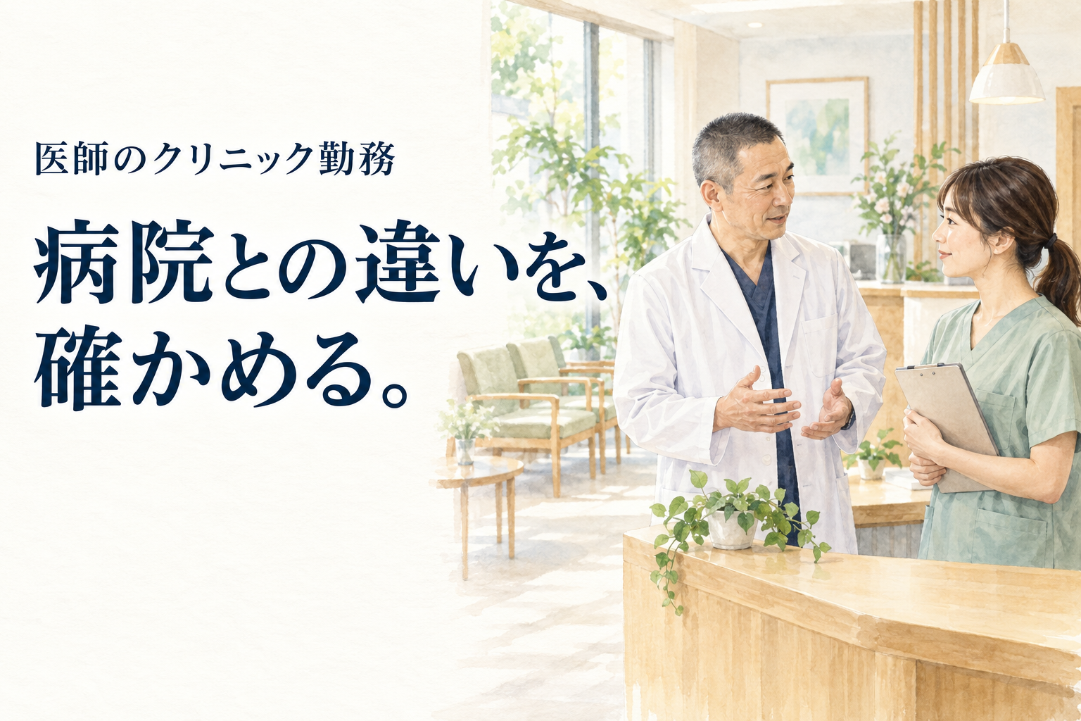 医師 クリニック。病院からクリニックへ移る勤務医向けに、担当業務、設備と他院への紹介、日々の相談先、管理者就任の有無を分けて確認します。