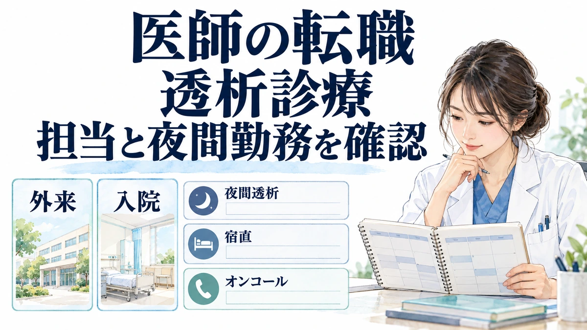 医師の転職で透析診療の担当と夜間勤務を確認する図。勤務表と外来・入院のカード、夜間透析・宿直・オンコールの別々の欄がある。