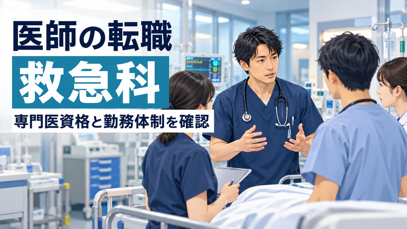 「医師の転職」「救急科」「専門医資格と勤務体制を確認」の文字と、救急外来で診療チームと働く医師のイラスト。