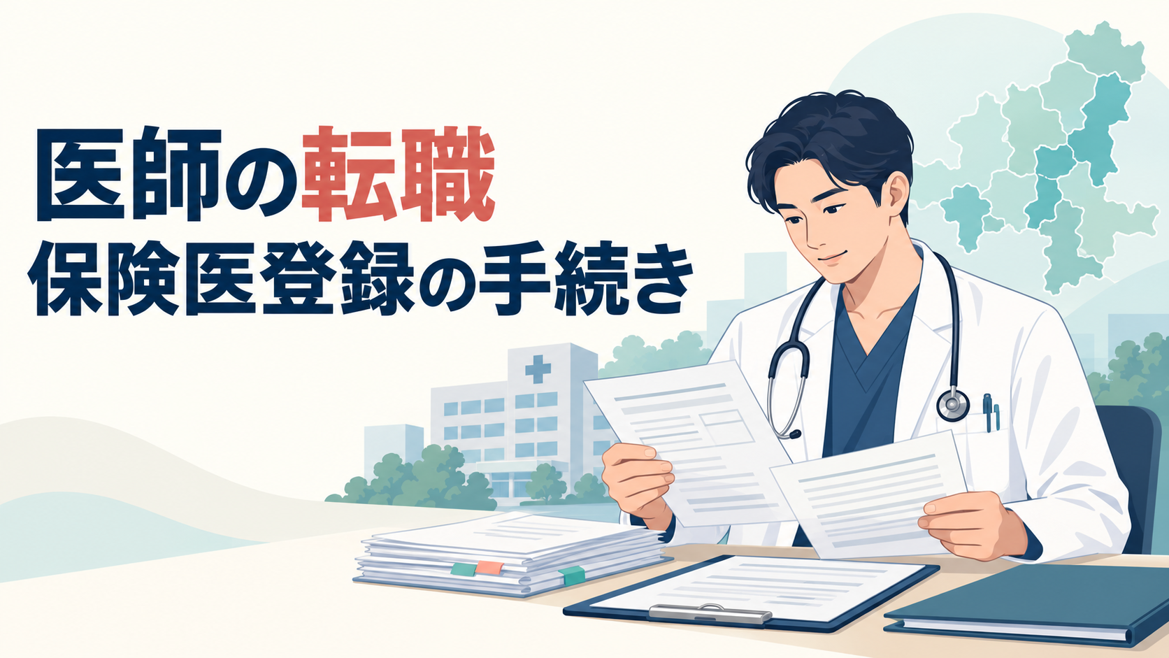 『医師の転職』『保険医登録の手続き』の文字と、書類を確認する医師、病院、管轄境界の図を描いたイラスト。