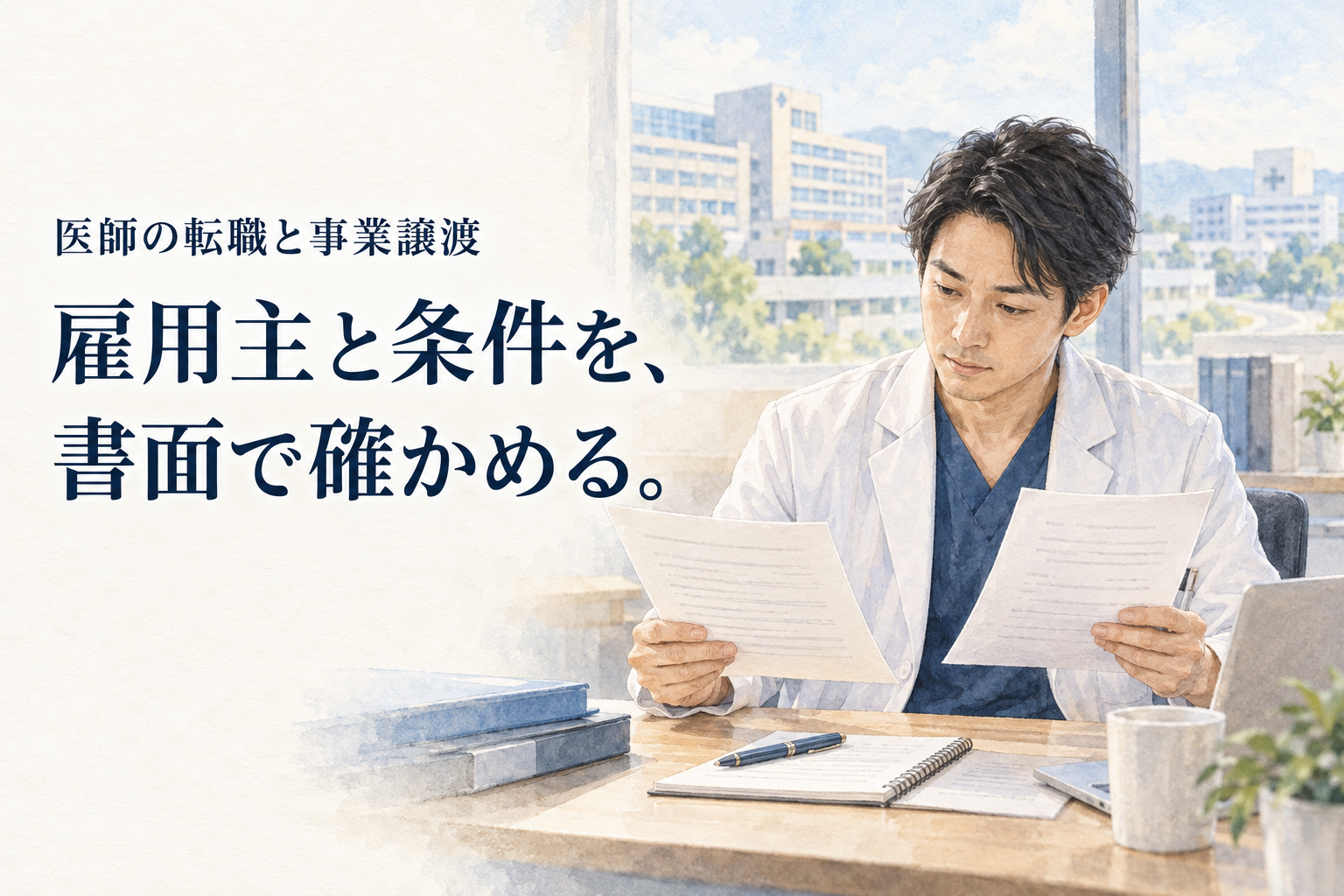 医師が病院の事業譲渡に伴う雇用条件の書類を比べている水彩イラスト。