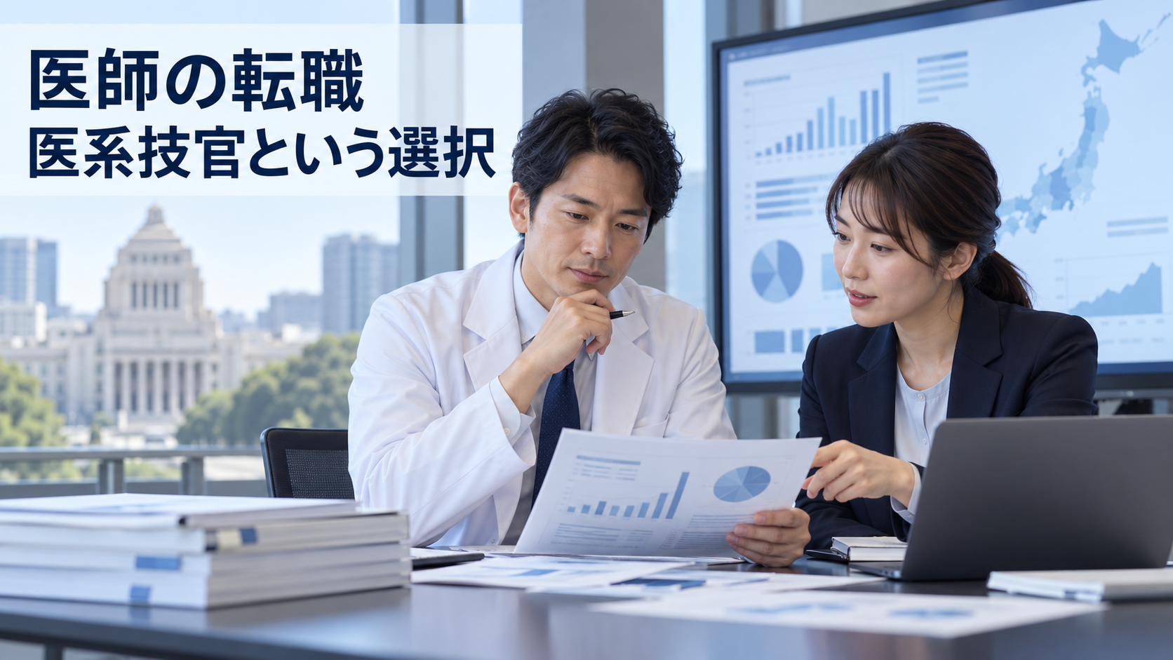 『医師の転職』『医系技官という選択』の文字を添え、医師が国の医療政策資料を確認するイラスト。
