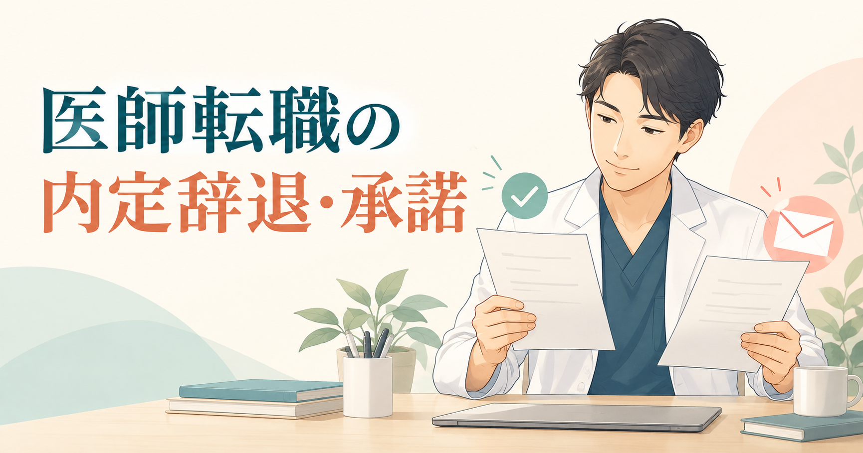 医師が転職時の内定通知を読み、辞退か承諾かを条件表で比較するイラスト。