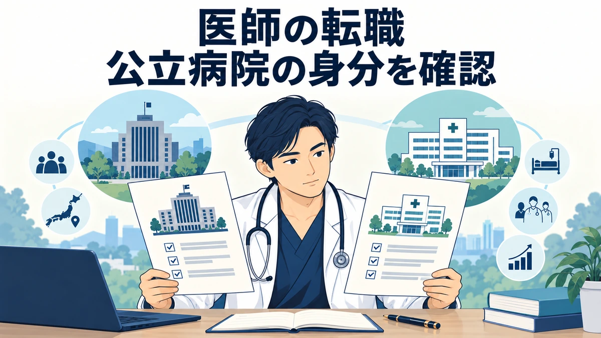 「医師の転職」「公立病院の身分を確認」の文字と、自治体と病院の募集資料を左右の手で持ち比べる医師の図。