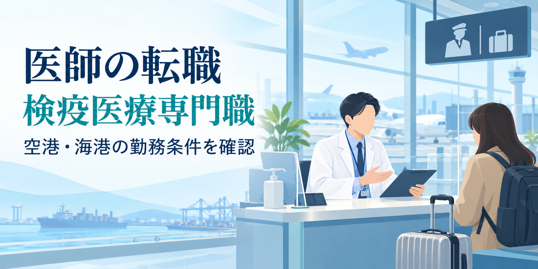 「医師の転職」「検疫医療専門職」「空港・海港の勤務条件を確認」の文字と、空港の検疫相談窓口で勤務する医師のイラスト。