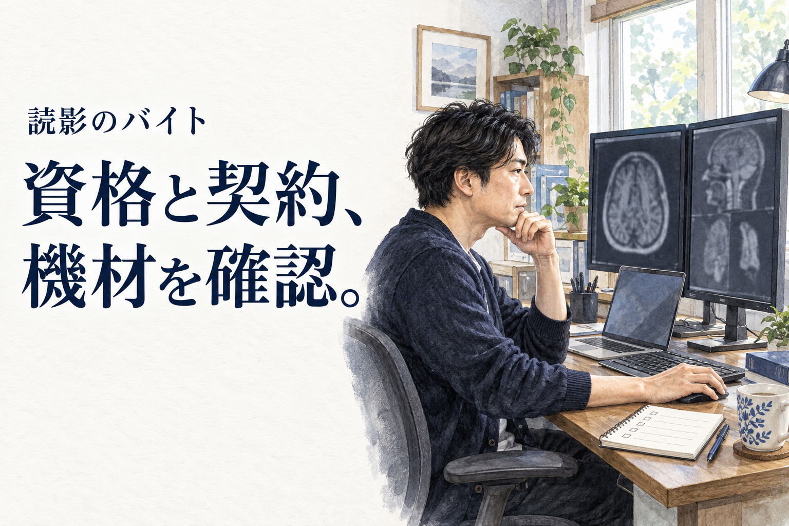 読影 バイト。遠隔読影の募集を、対象資格、検査、契約の種類、機材や回線の負担で比較する確認票です。